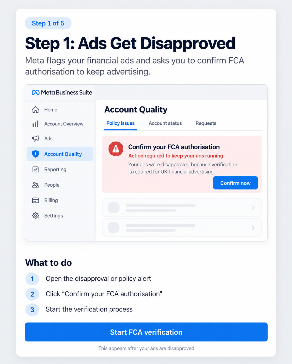 Meta notification telling the advertiser that ads have been disapproved and FCA authorisation must be confirmed