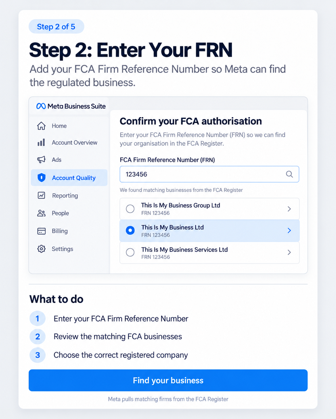 Meta verification screen showing an FCA Firm Reference Number entered and a list of matching companies to choose from
