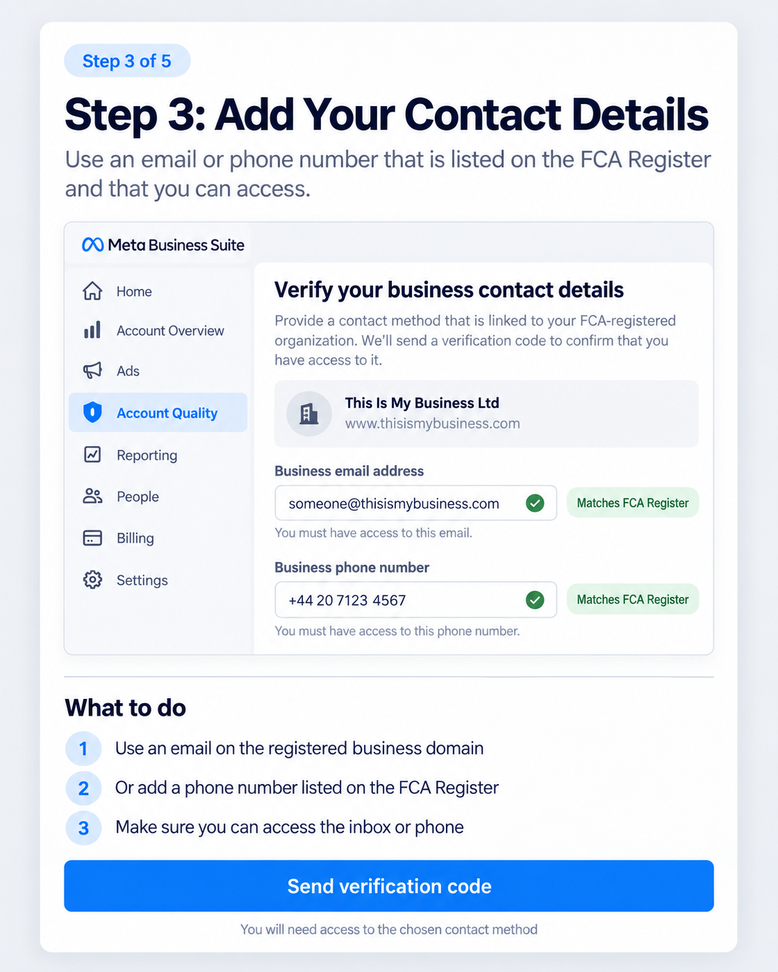 Meta verification screen asking for an email address or telephone number linked to the FCA-registered business