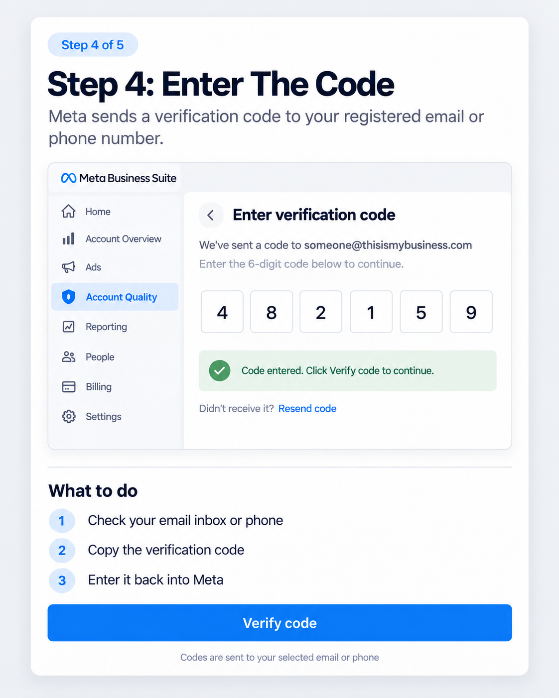 Meta verification screen with a field for the confirmation code sent by email or telephone