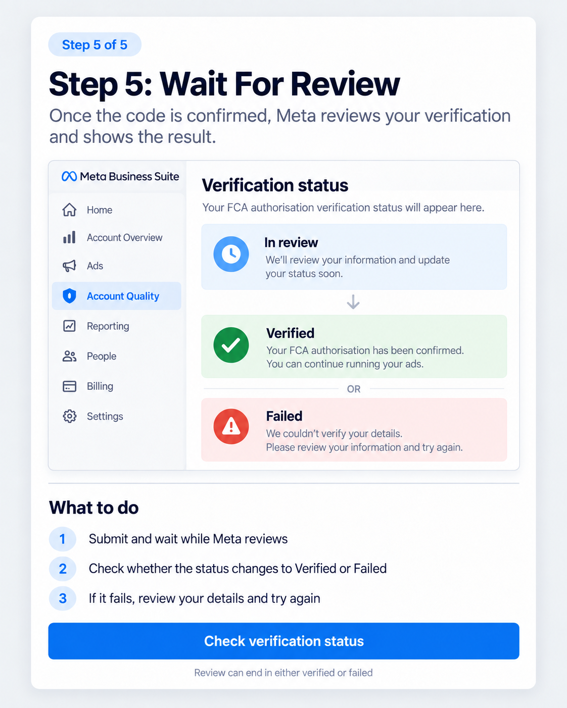 Meta account screen showing the financial services verification result as verified