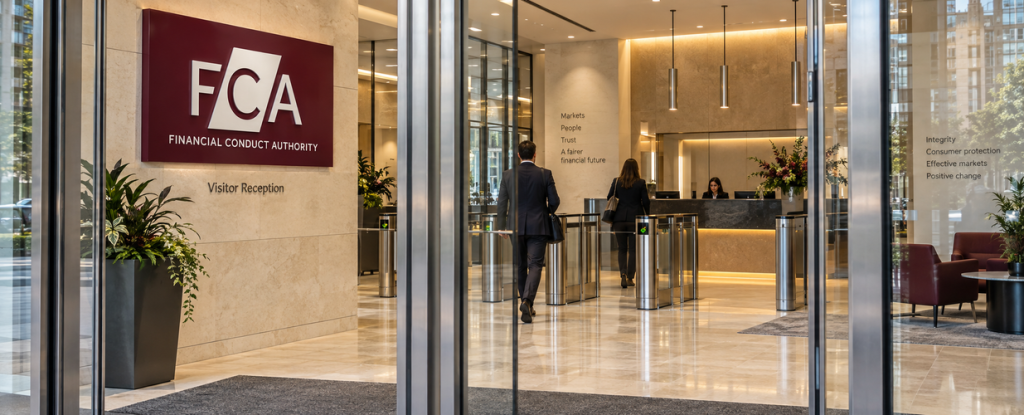 AI-generated illustration of an office reception with Financial Conduct Authority signage.