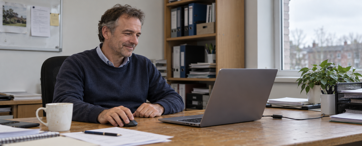 Illustrative image of a business owner working at a laptop in his office.